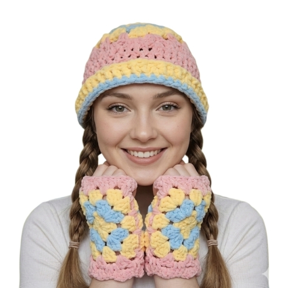 Handmade Pastel Crochet Beanie Wrist Warmers Set Pink Yellow Blue Hand Knit